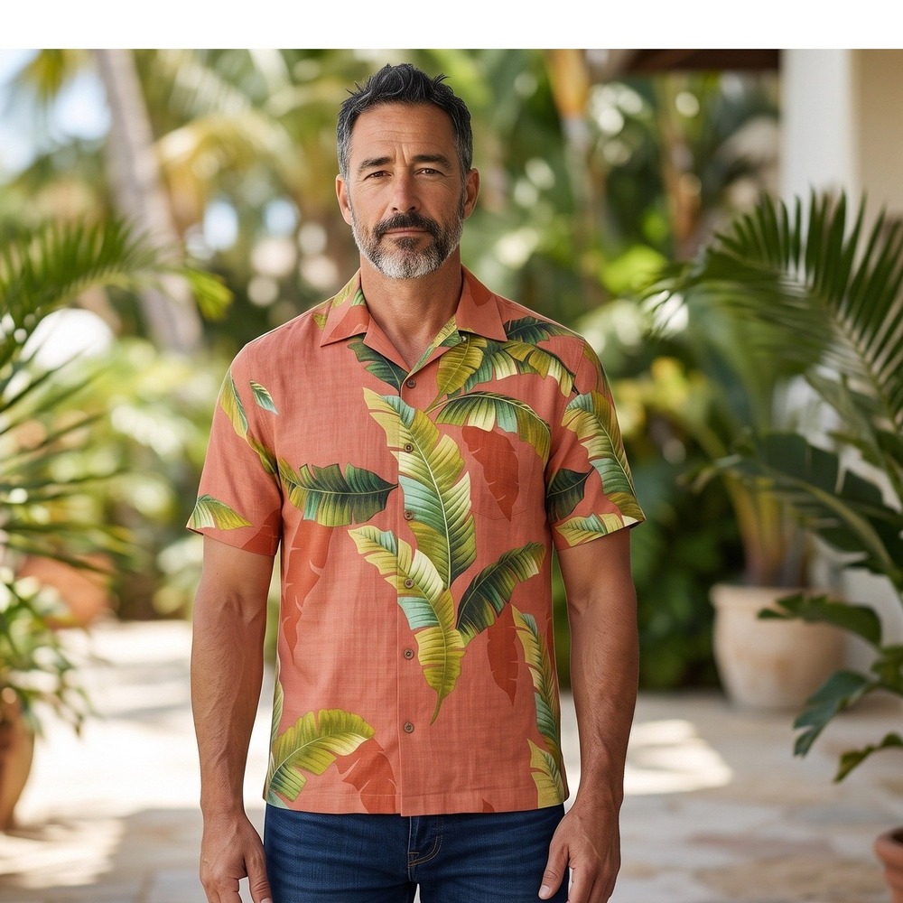 Tommy Bahama Mens Large Silk Tropical Banana Leaf Camp Shirt Coral Orange